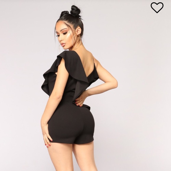 Cute asymmetrical black romper with ruffles - Picture 2 of 4